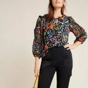 Anthropologie Maeve Floral Peasant Ruffle Sheer Ballon Sleeve Blouse